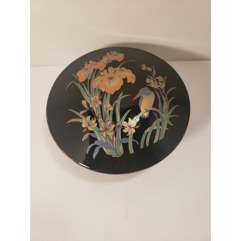 Black Gold Trinket Dish with Lid Made in Japan Flowers and Bird